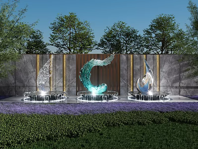Water Droplet Sculptures With Blue Light In Garden Stone Wall Background And Purple Flowers Shrubs 3d model