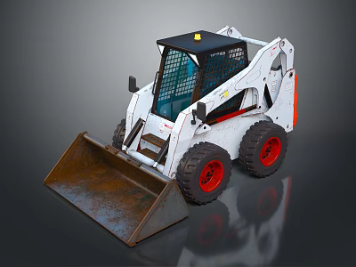 White Skid Steer Loader With Black Top Red Wheels And Rusty Bucket 3d model