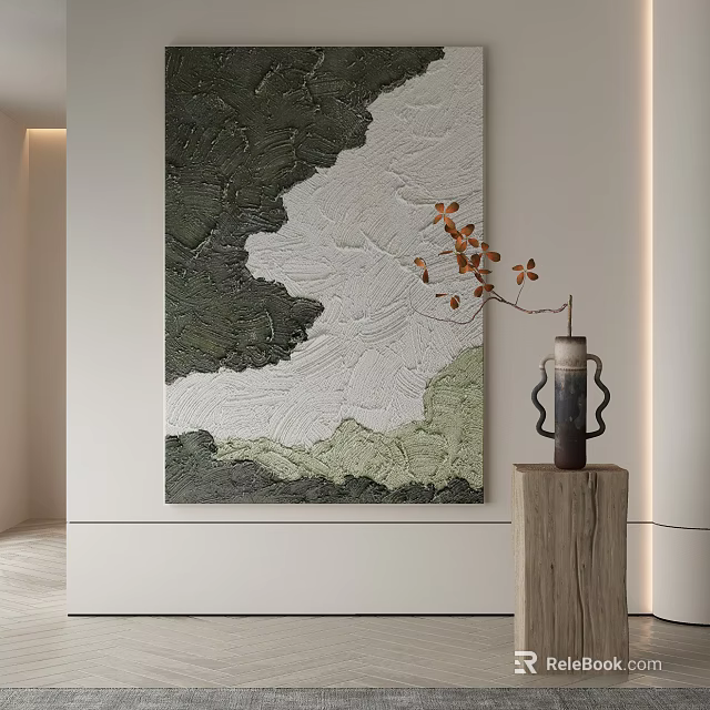 Abstract Painting With Textured Green White Tones In Modern Interior With Vase On Wooden Stand 3d model 