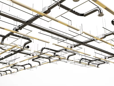 Complex Interconnected Metal Pipes Structure Installation On Ceiling In Industrial Building Interior 3d model