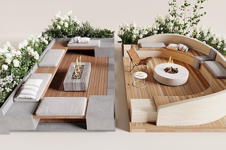 Modern Courtyard Landscape Seat Outdoor Seat Courtyard Card Seat Green Plant Flowers Bonfire 3d model