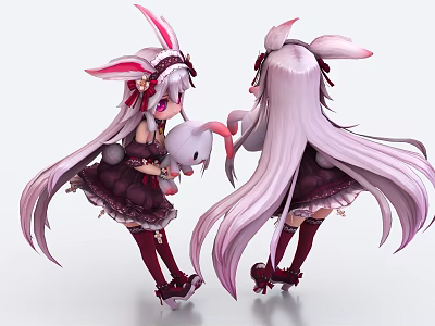 Anime Style Woman With Long Pink Hair And Rabbit Ears Holding Plush Toy 3d model