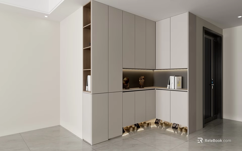 Elegant Modern White Shoe Cabinet With LED Lighting Storage And Decorative Items 3d model 