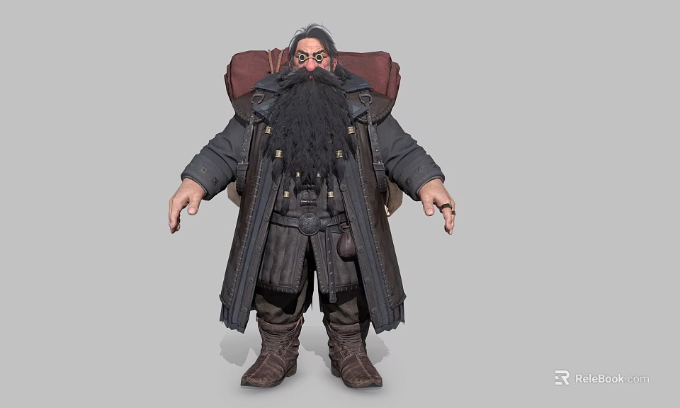 Fantasy Dwarf Character With Long Beard Heavy Coat Leather Backpack And Boots 3d model 