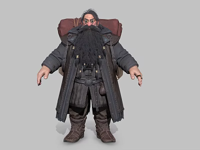 Fantasy Dwarf Character With Long Beard Heavy Coat Leather Backpack And Boots 3d model
