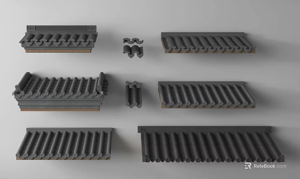 Traditional Architectural Roof Components With Curved Clay Tiles And Various Styles 3d model 