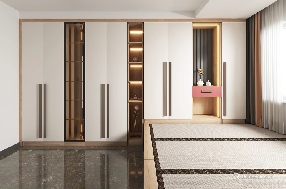 Minimalist Tatami Bedroom Interior Design With White Wardrobe And Wooden Storage Solutions 3d model 