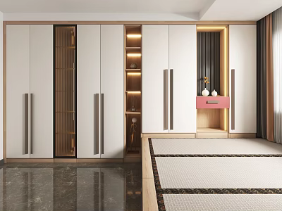 Minimalist Tatami Bedroom Interior Design With White Wardrobe And Wooden Storage Solutions 3d model