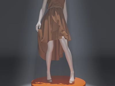 Female Model In Brown Asymmetrical Dress On Orange Platform With Gray Background 3d model