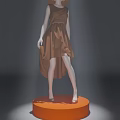 Female Model In Brown Asymmetrical Dress On Orange Platform With Gray Background
