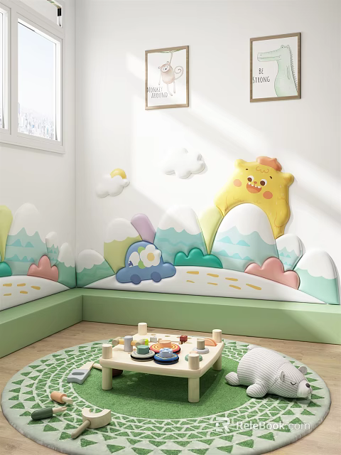 Soft Cushion Wall for Kids Room With Cartoon Clouds Sun And Mountain Shapes Play Area 3d model 