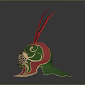 Medieval Ornate Weapon Helmet With Green Red And Gold Accents And Intricate Horns