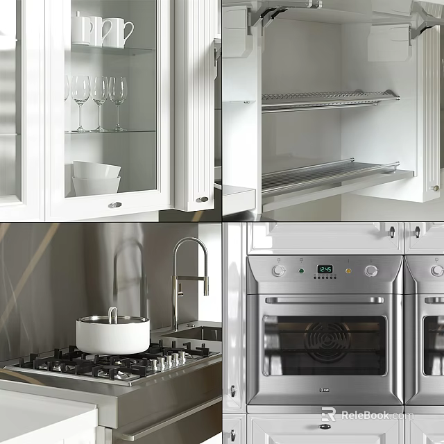 Modern White Kitchen Cabinets With Glass Doors And Stainless Steel Appliances 3d model 