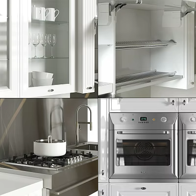Modern White Kitchen Cabinets With Glass Doors And Stainless Steel Appliances 3d model