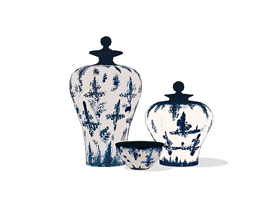 Traditional Blue and White Ceramic Vessels With Lids And Small Bowl 3d model