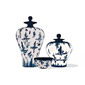 Traditional Blue and White Ceramic Vessels With Lids And Small Bowl