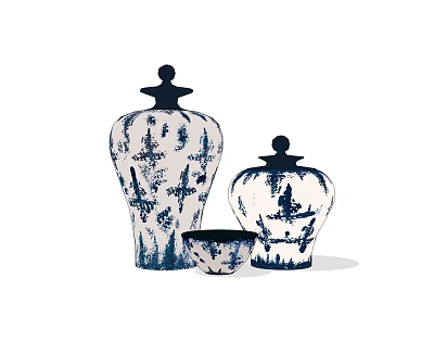 Traditional Blue and White Ceramic Vessels With Lids And Small Bowl 3d model