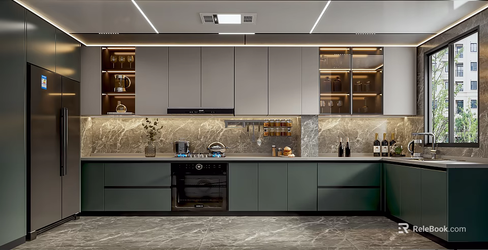 Modern Kitchen Interior With Gray Cabinets Stone Countertop Glass Door Cabinets And Oven 3d model 
