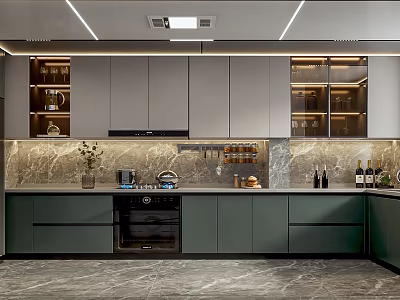 Modern Kitchen Interior With Gray Cabinets Stone Countertop Glass Door Cabinets And Oven 3d model