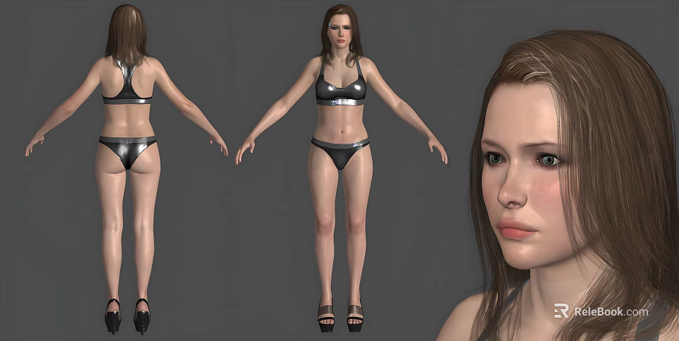 Woman Wearing Silver Bikini And High Heels Displayed From Different Angles With Detailed Facial View 3d model 