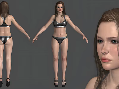 Woman Wearing Silver Bikini And High Heels Displayed From Different Angles With Detailed Facial View 3d model
