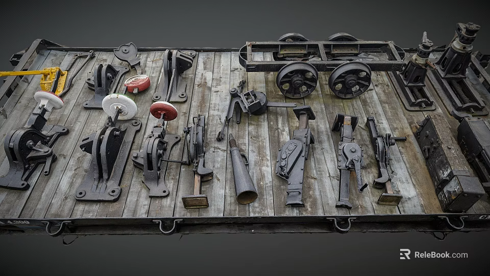 Vintage Industrial Metal Tools And Old Mechanical Parts Display On Wooden Platform 3d model 