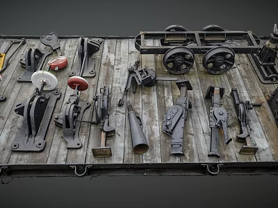 Vintage Industrial Metal Tools And Old Mechanical Parts Display On Wooden Platform 3d model