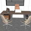 Modern Wooden Office Desk With Laptop Beige Leather Chairs And Decorative Sculpture