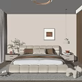 Modern Bedroom Interior With Beige Bed Bedside Tables Window Curtains Framed Picture And Ceiling Light