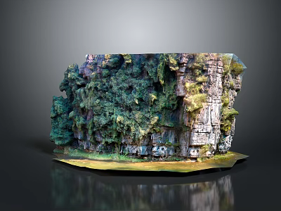 Rustic Stone Wood Decorative Structure With Natural Green Moss And Vegetation 3d model