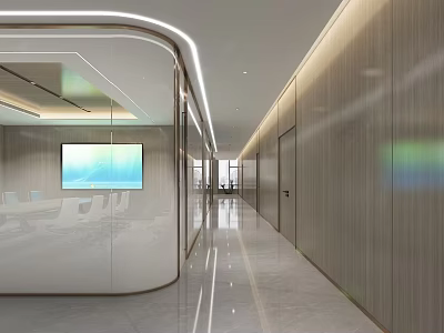 Modern Office Corridor Interior Design With Wooden Walls Polished Floor And LED Lighting 3d model