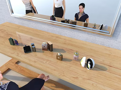 Perfume Cosmetics Display On Wooden Table With Various Bottles Different Colors Shapes And Large Mirror 3d model