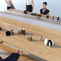 Perfume Cosmetics Display On Wooden Table With Various Bottles Different Colors Shapes And Large Mirror