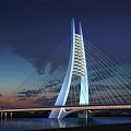 Modern Cable Stayed Bridge With White Main Tower Over Blue Water And City Skyline