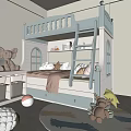 Light Gray Bunk Bed In Cozy Kids Room With Ladder Storage Drawers And Arched Window