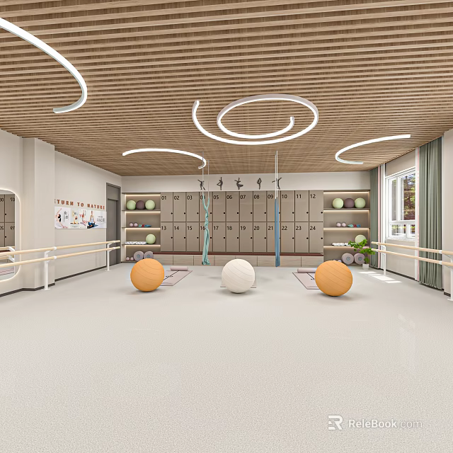 School Activity Room With Wooden Ceiling Circular White Light Strips Lockers Mirrors And Barres 3d model 