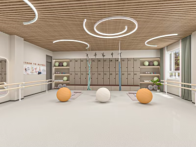 School Activity Room With Wooden Ceiling Circular White Light Strips Lockers Mirrors And Barres 3d model