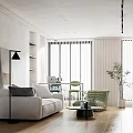 Modern Living Dining Room With Sofa Pillows Floor Lamp And Brick Wall Artwork