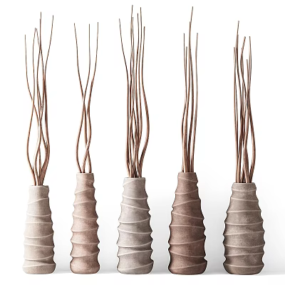 Decorative Textured Vases With Slender Brown Twigs For Home Decoration 3d model
