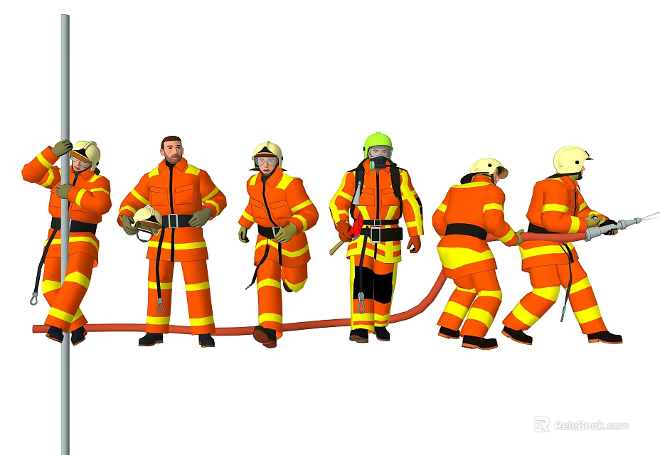 Men in Orange Fire Suits Training Climbing Pole And Using Fire Hose 3d model 