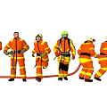 Men in Orange Fire Suits Training Climbing Pole And Using Fire Hose 3d model