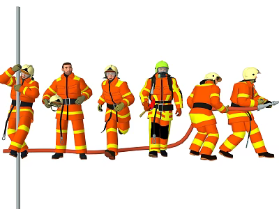 Men in Orange Fire Suits Training Climbing Pole And Using Fire Hose 3d model