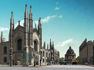 Historic Gothic Architecture Featuring Tall Spires Arched Windows Street Pedestrians and Vehicles 3d model