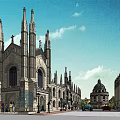 Historic Gothic Architecture Featuring Tall Spires Arched Windows Street Pedestrians and Vehicles