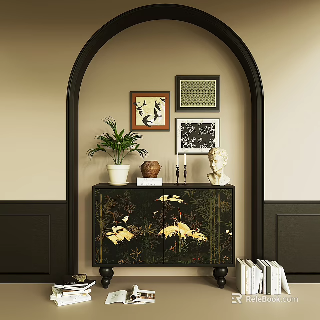 Black Floral Entryway Cabinet Sideboard With Green Plant Ceramic Jar And Wall Paintings 3d model 