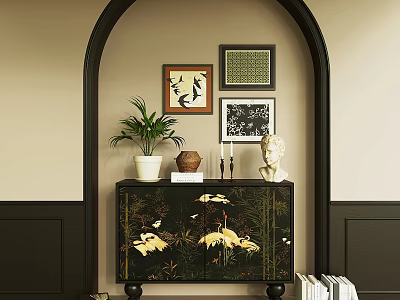 Black Floral Entryway Cabinet Sideboard With Green Plant Ceramic Jar And Wall Paintings 3d model