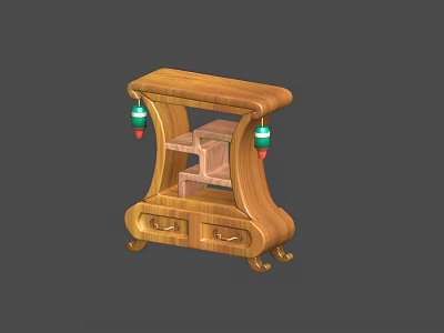 Vintage Wooden Curio Cabinet With Drawers Shelves Curved Legs And Decorative Pendants 3d model