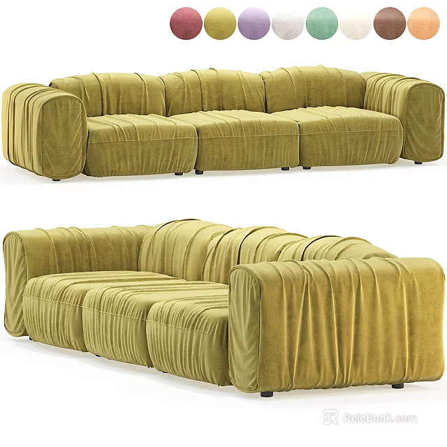 Stylish Golden Velvet Three Seater Sofa With Modern Modular Design And Comfortable Seats 3d model 