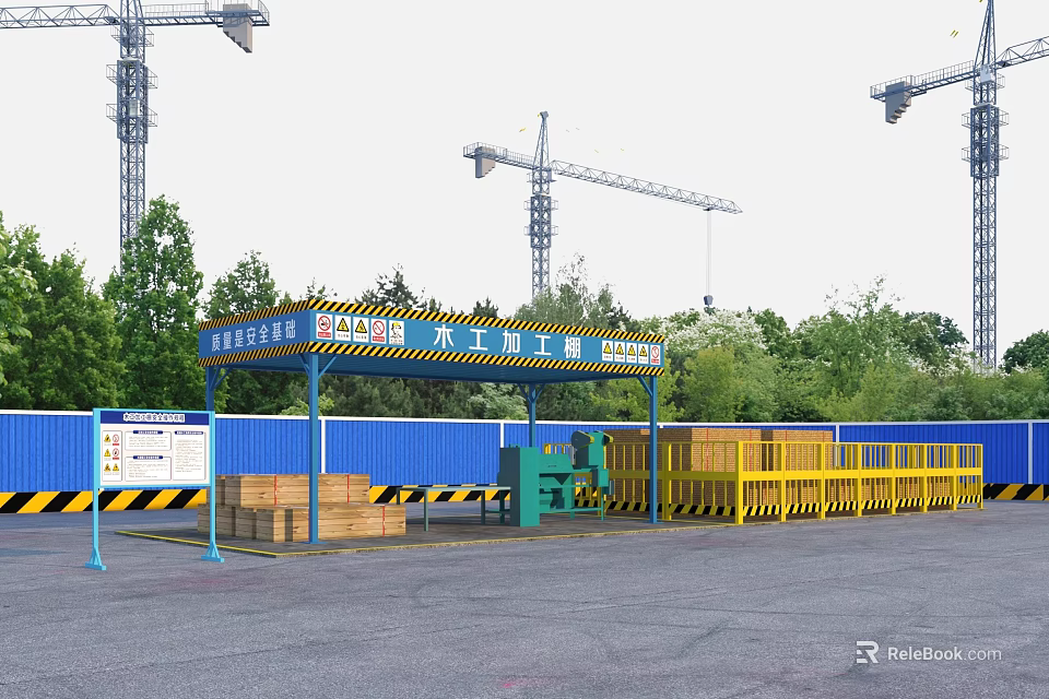 Construction Site Vehicle Washing Shed with Blue Roof Yellow Railings Wooden Crates and Tower Cranes 3d model 