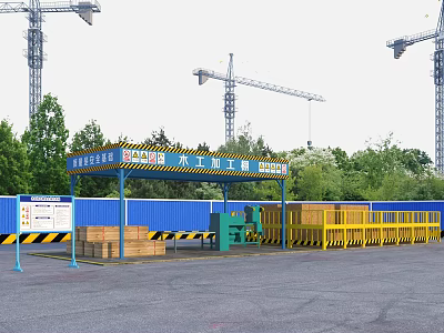 Construction Site Vehicle Washing Shed with Blue Roof Yellow Railings Wooden Crates and Tower Cranes 3d model